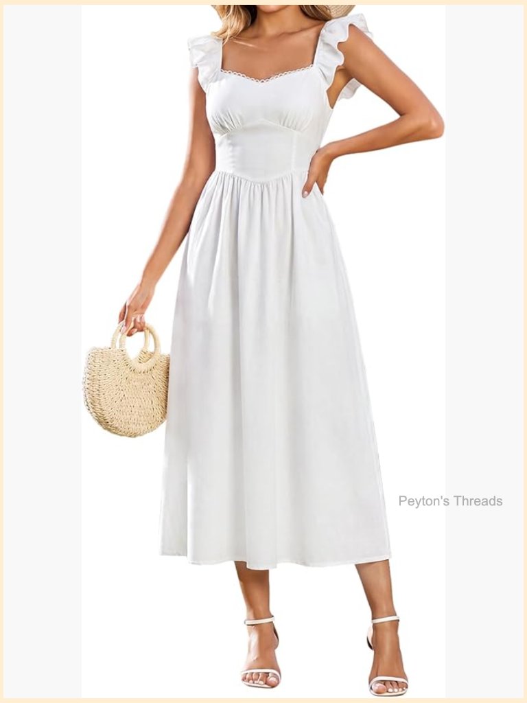 Floral Lace Midi Dress Sweetheart Neckline Ruffle Sleeve Flowy A-Line